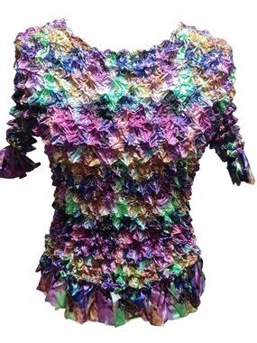 Vintage Popcorn Bubble Top One Size Multicolor Ruffle Stretch Blouse Y2K Retro